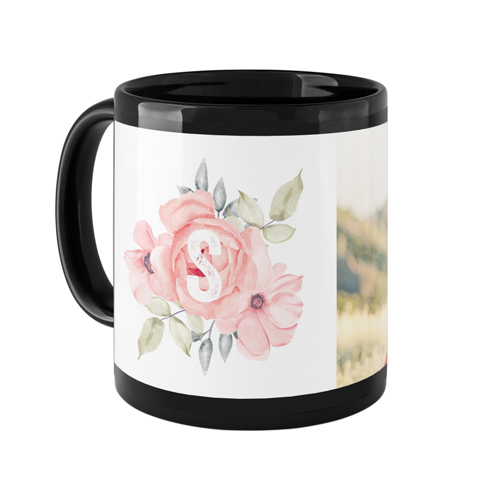 Floral Initial Mug, Black,  , 11oz, Pink