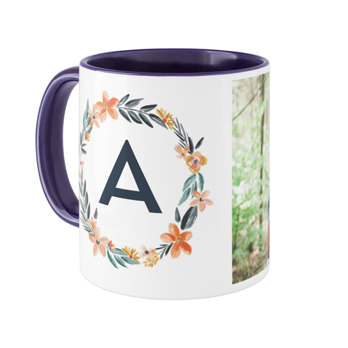 Bright Floral Wreath Monogram Mug, Blue,  , 11oz, White