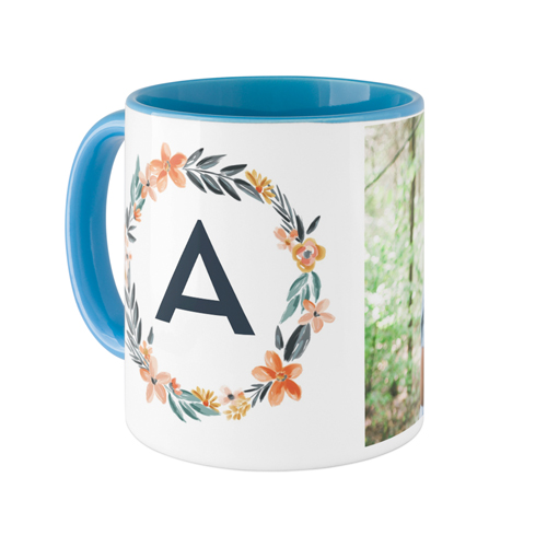 Bright Floral Wreath Monogram Mug, Light Blue,  , 11oz, White