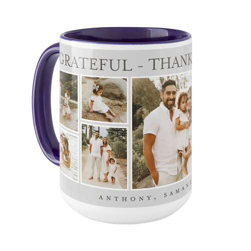 Grateful Thankful Blessed Frames Mug, Blue, , 15oz, Gray, silver lining