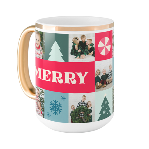 Merry Grid Mug, Gold Handle,  , 15oz, Red