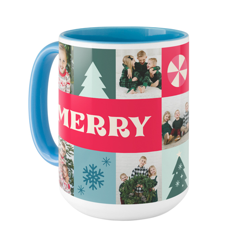 Merry Grid Mug, Light Blue,  , 15oz, Red