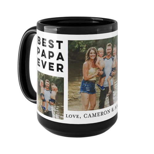 A black and white mug with text and photos