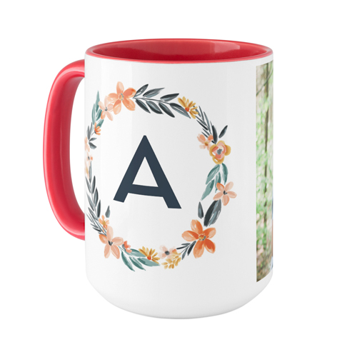 Bright Floral Wreath Monogram Mug, Red,  , 15oz, White