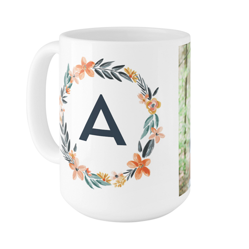 Bright Floral Wreath Monogram Mug, White, , 15oz, White, white