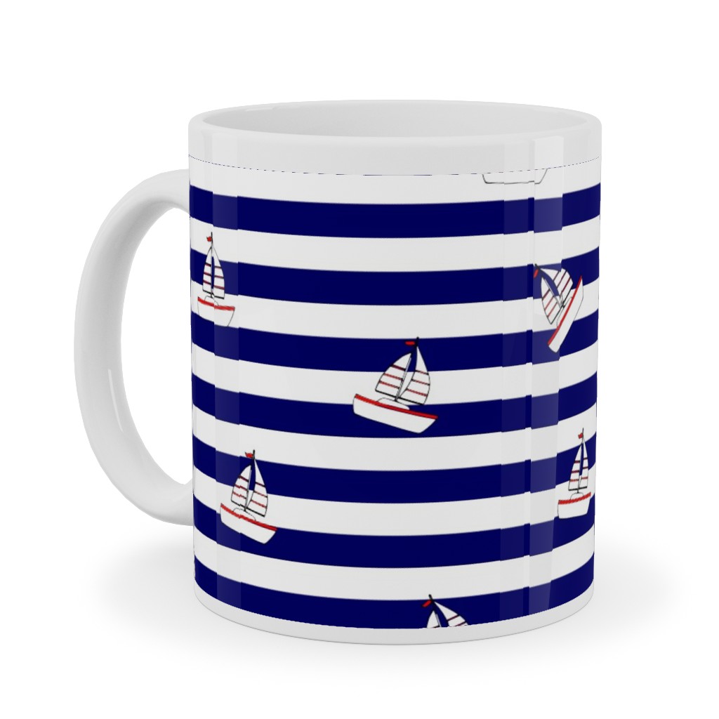 Sea and Boats Stripes - Blue Ceramic Mug, White,  , 11oz, Blue