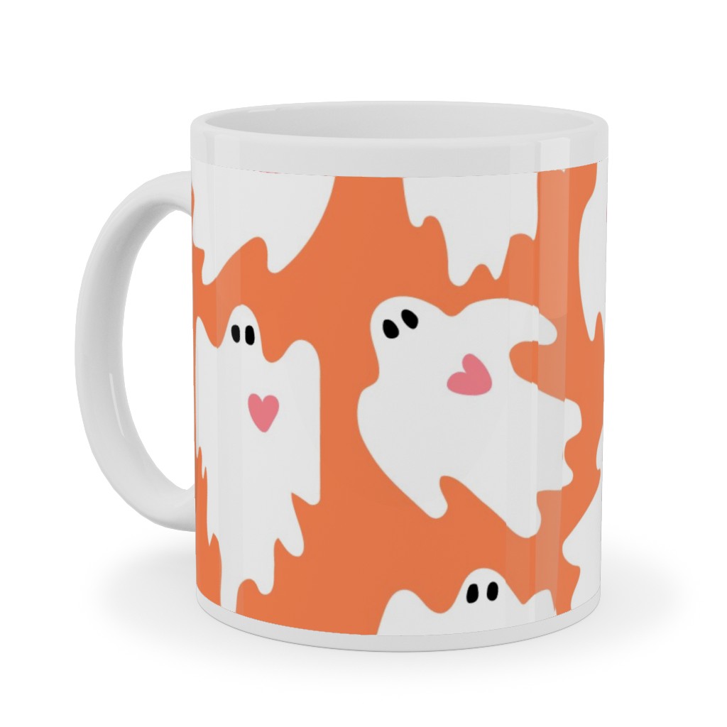 Halloween Ghosts With Hearts - Orange Ceramic Mug, White, , 11oz, Orange, Orange
