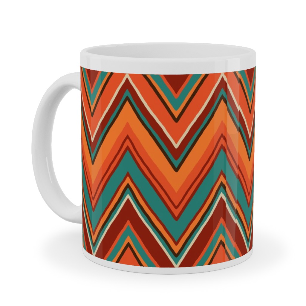 Fall Crazy Chevron - Orange and Teal Ceramic Mug, White,  , 11oz, Orange