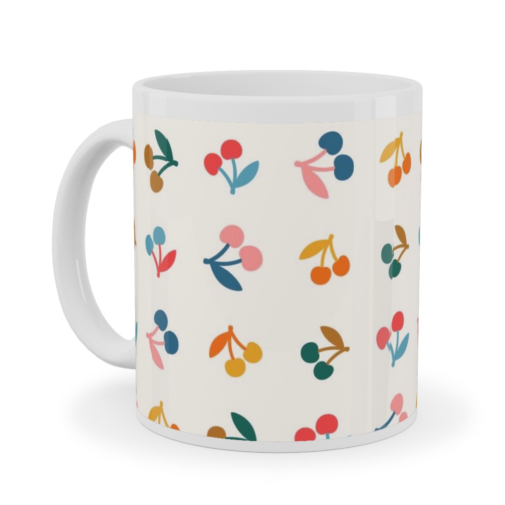 Colored Cherries - Earthy Ceramic Mug, White, , 11oz, Beige, Pearl