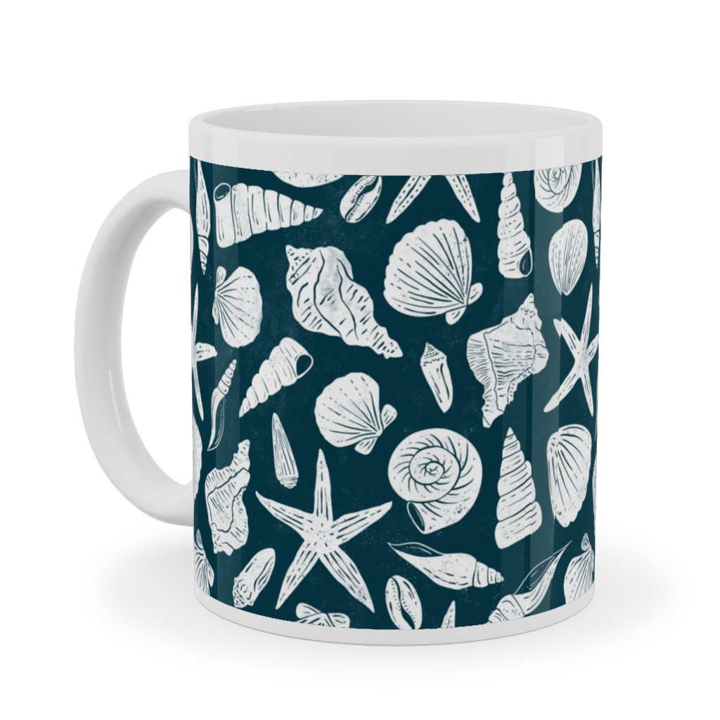 Textured Ocean Seashells - Dark Blue and Cream Ceramic Mug, White, , 11oz, Blue, True Blue