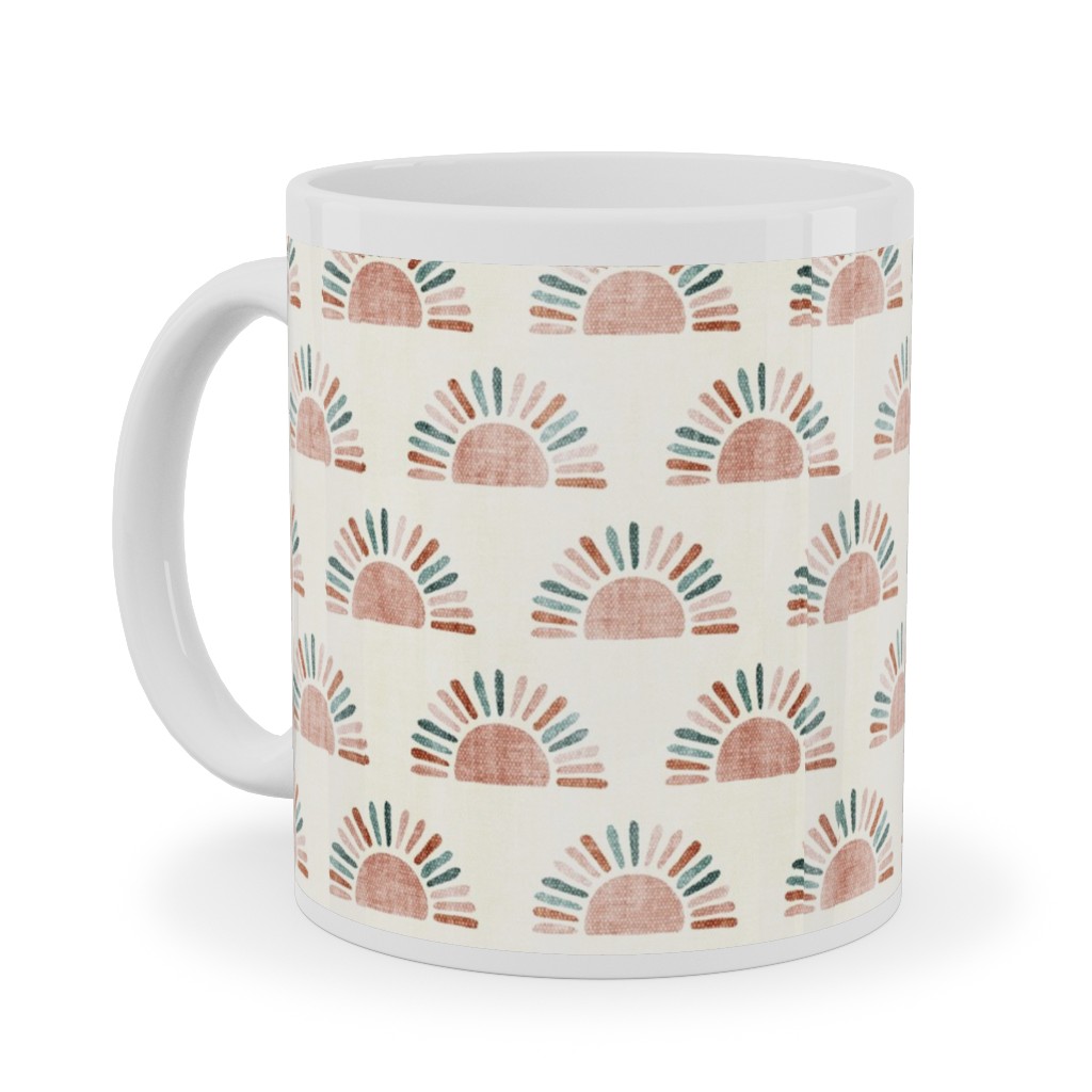Sunshine - Block Print Boho Sun Print - Dusty Pink/Blue/Teracotta Ceramic Mug, White, , 11oz, Pink, Bright Pink