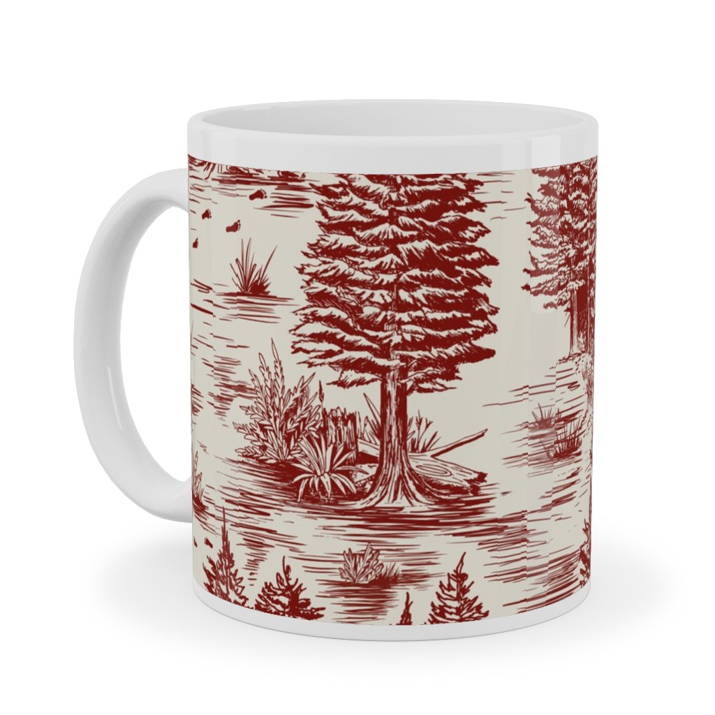 Bigfoot Sasquatch Toile De Jouy Ceramic Mug, White, , 11oz, Red, Rich Red