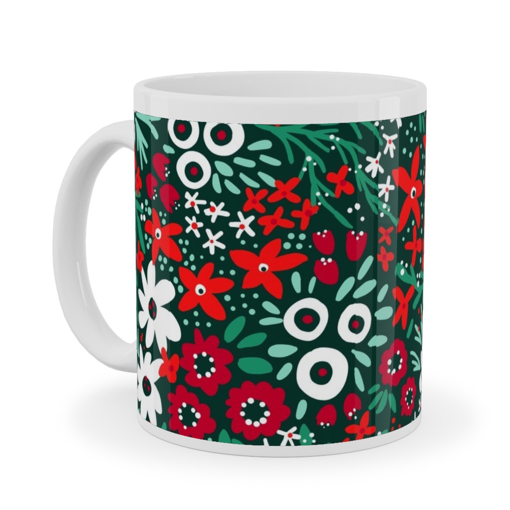 Rustic Floral - Holiday Red and Green Ceramic Mug, White, , 11oz, Green, Classic Green