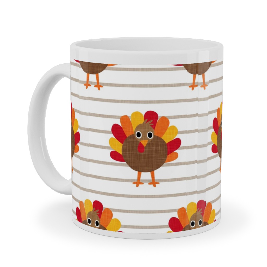 Cute Thanksgiving Turkey - on Khaki Stripes Ceramic Mug, White, , 11oz, Orange, Orange