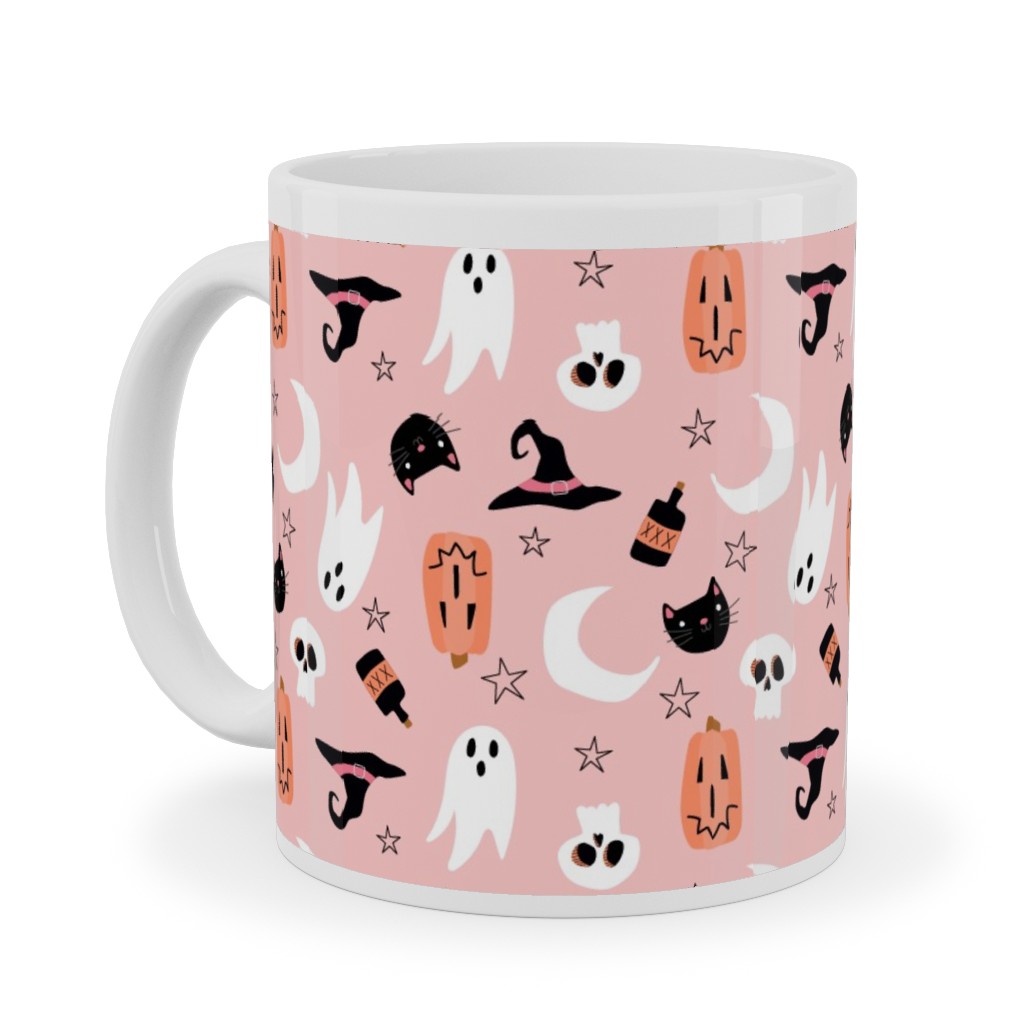 Sweet Halloween - Pumpkin, Witch, Ghost, & Cat - Pink Ceramic Mug, White,  , 11oz, Pink