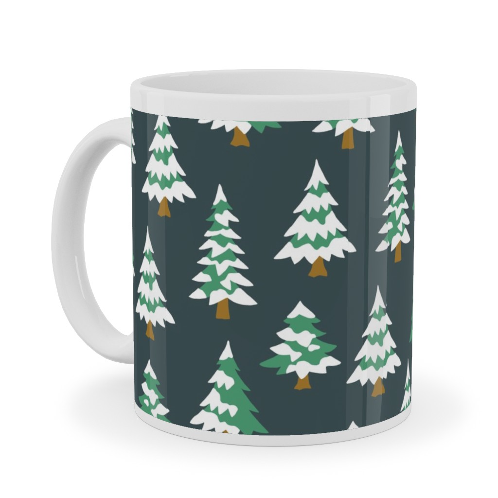 Winter Village Trees With Snow - Dark Ceramic Mug, White, , 11oz, Green, Classic Green