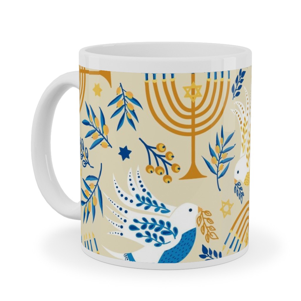Hanukkah Birds Menorahs - Yellow Ceramic Mug, White,  , 11oz, Yellow