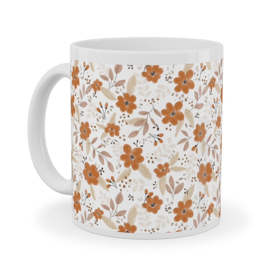 Fall Floral Ceramic Mug, White, , 11oz, Orange, Antique White