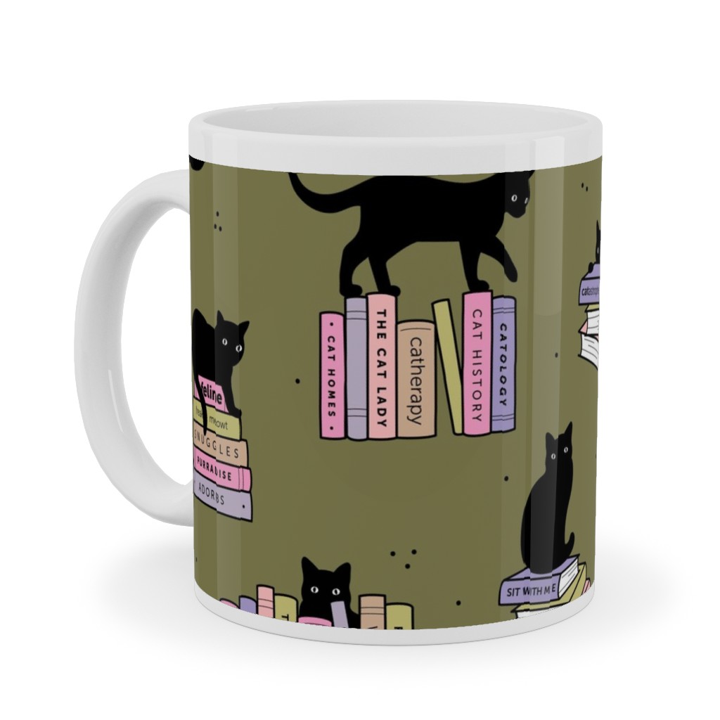 Cats and Books Ceramic Mug, White,  , 11oz, Green