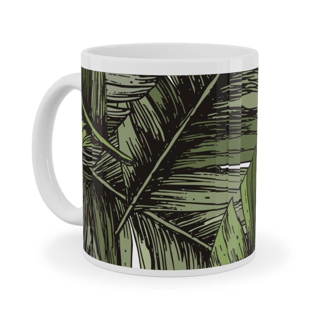 Tropical Palm Leaves - Green Ceramic Mug, White, , 11oz, Green, Classic Green
