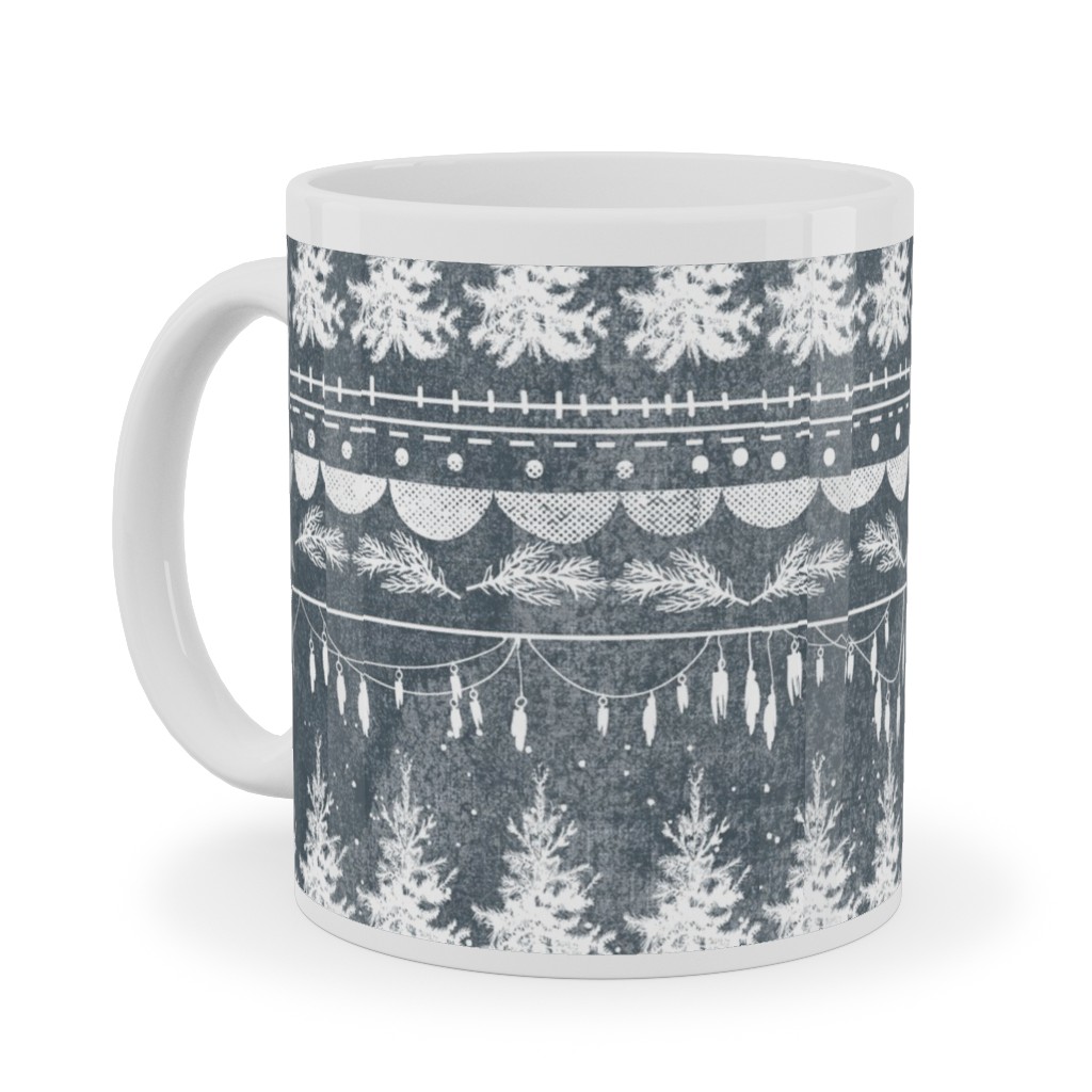 Vintage Christmas Stripe Ceramic Mug, White,  , 11oz, Gray