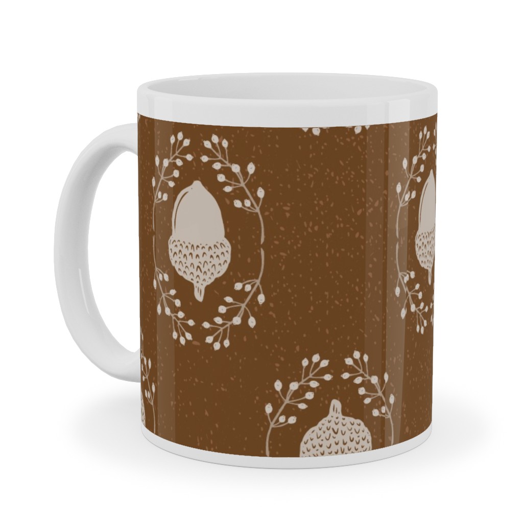 Autumn Acorn Rosehip Textured Damask Ceramic Mug, White, , 11oz, Brown, Sap