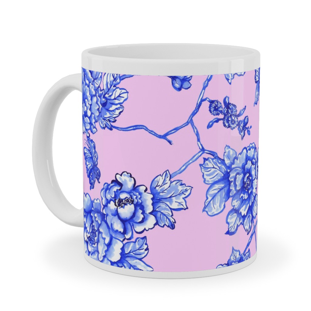 Chinoiserie Floral - Blush Ceramic Mug, White, , 11oz, Pink, Bright Pink