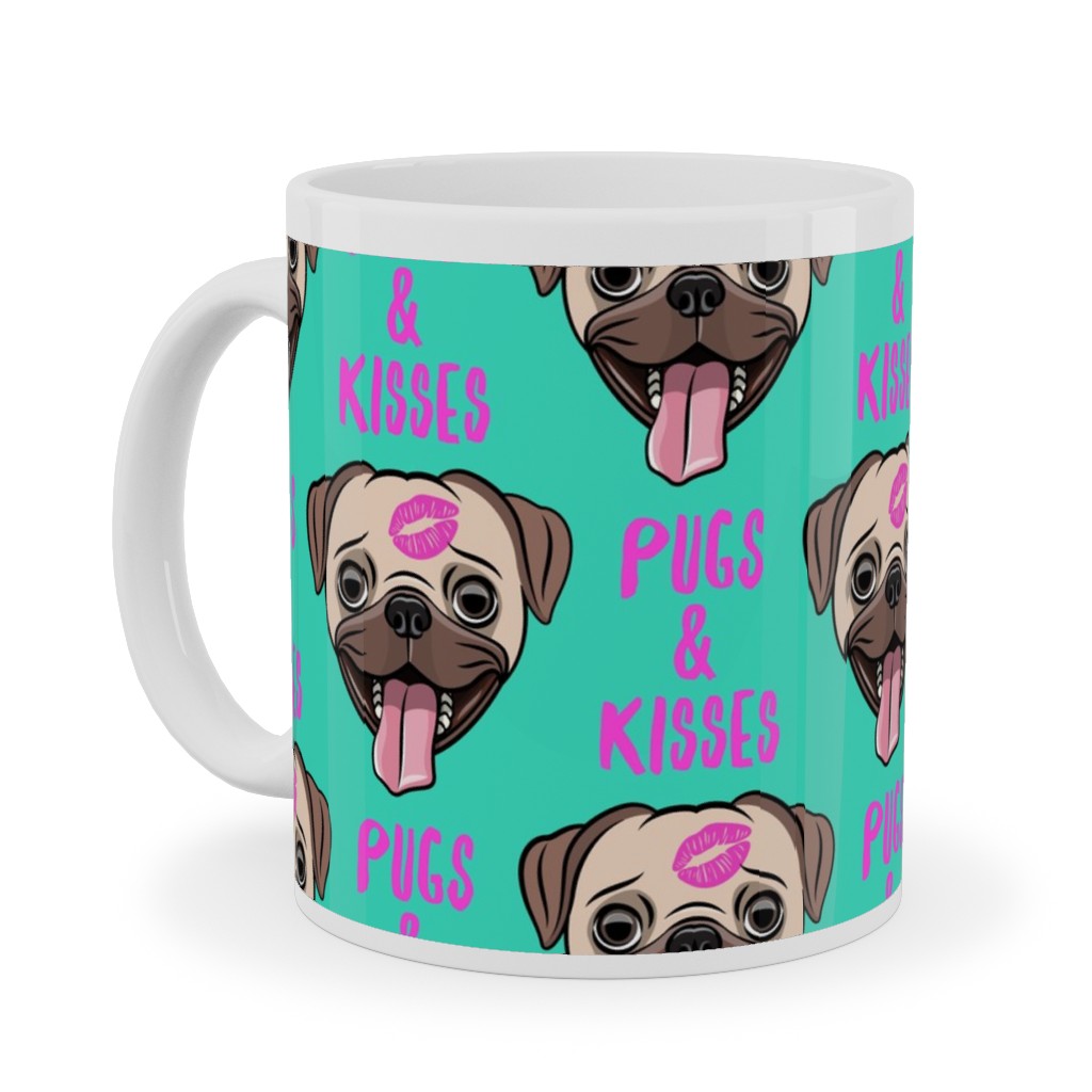 Pugs & Kisses - Cute Pug Dog - Teal Ceramic Mug, White,  , 11oz, Green