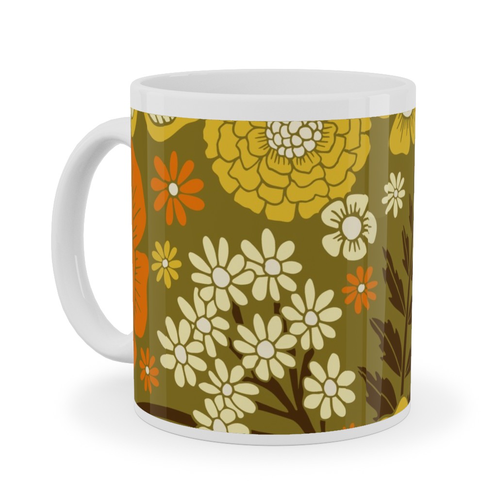 1970s Retro/Vintage Floral - Yellow and Brown Ceramic Mug, White, , 11oz, Yellow, Classic Yellow