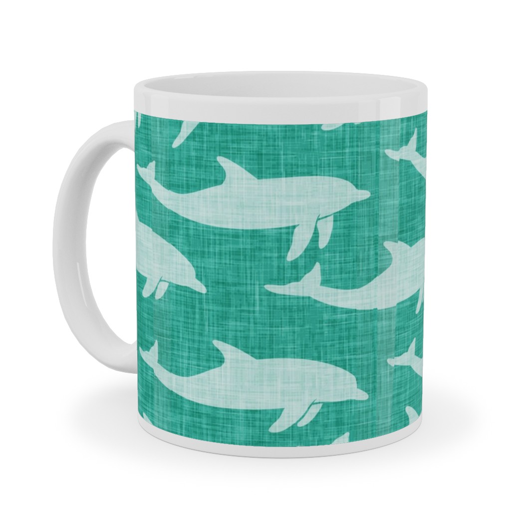 Dolphins Ceramic Mug, White, , 11oz, Green, Sea Glass