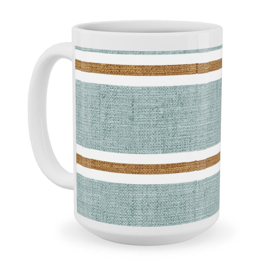 Stripes, Magnolia Flowers Coordinate - Rust on Blue Ceramic Mug, White, , 15oz, Green, Classic Green