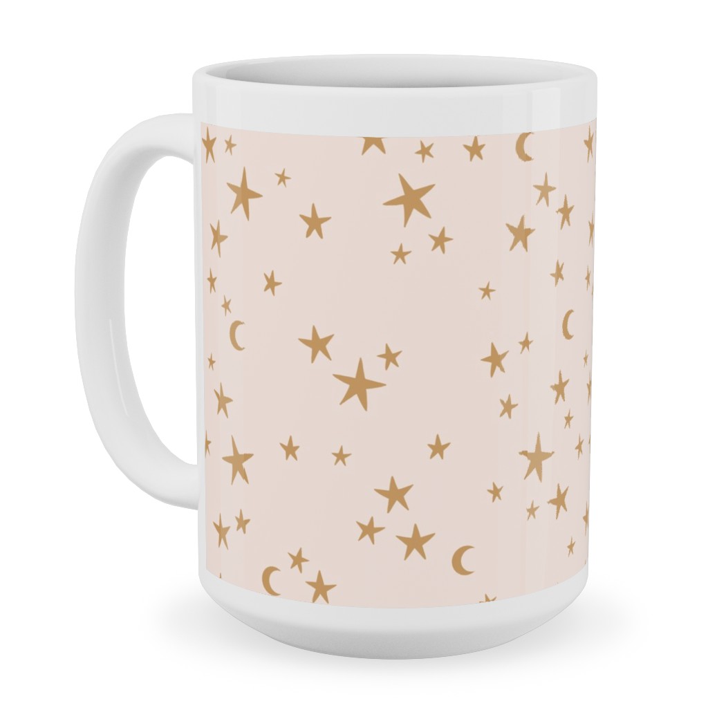 Stars & Moon - Starry Night Universe - Beige and Brown Ceramic Mug, White, , 15oz, Pink, Bright Pink