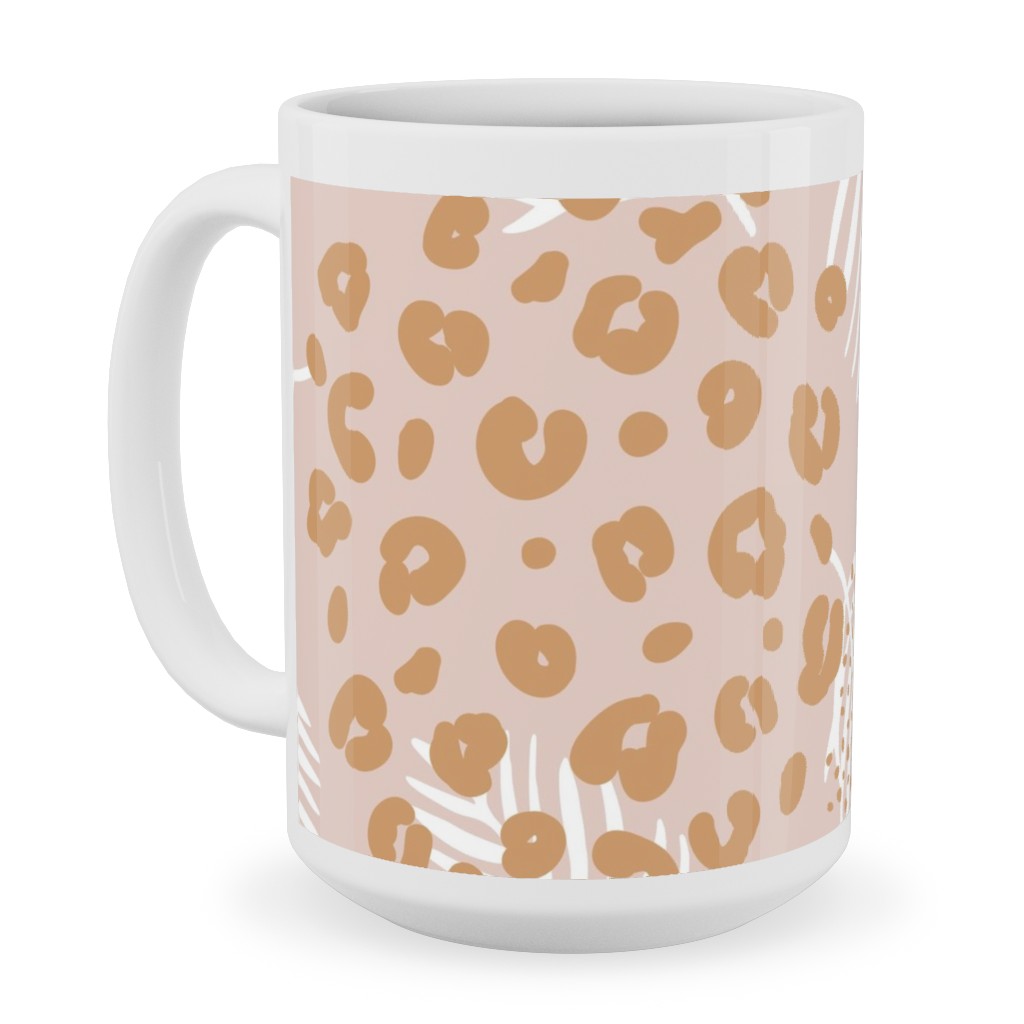 Palm Leaves and Animal Panther Spots - Beige Ceramic Mug, White, , 15oz, Pink, Bright Pink