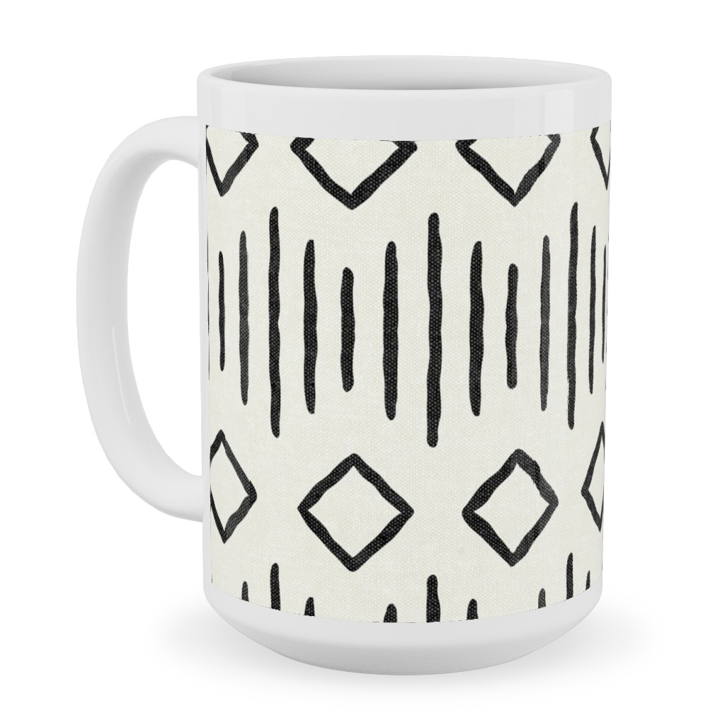 Diamond Fall - Mud Cloth - Onyx on Bone - Mudcloth Farmhouse Tribal - Lad19bs Ceramic Mug, White, , 15oz, Beige, Pearl