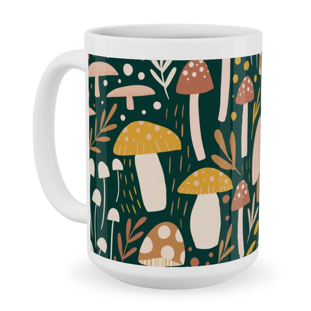 Woodland Mushroom Meadow - Green Ceramic Mug, White, , 15oz, Green, Classic Green