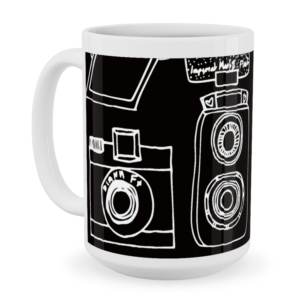 Vintage Cameras - Black and White Ceramic Mug, White,  , 15oz, Black