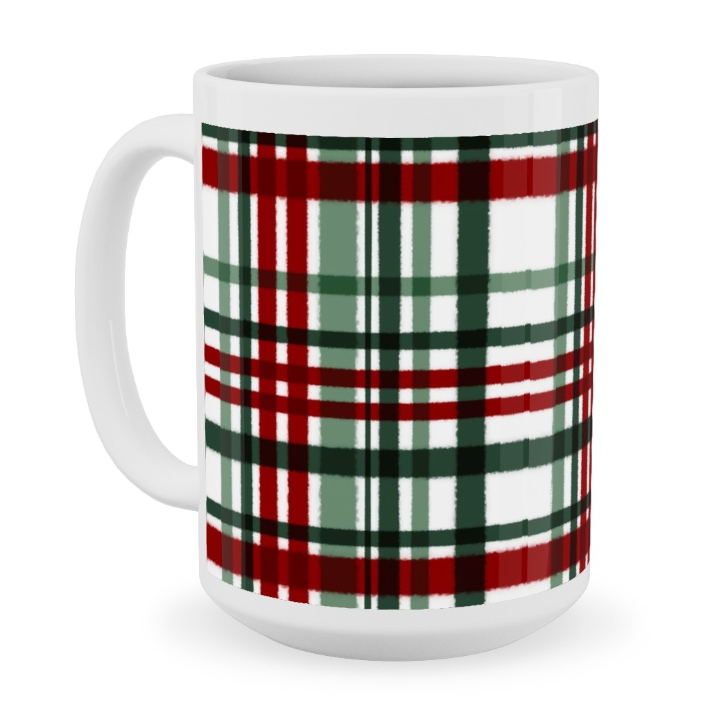 Intricate Plaid Ceramic Mug, White, , 15oz, Green, Brown