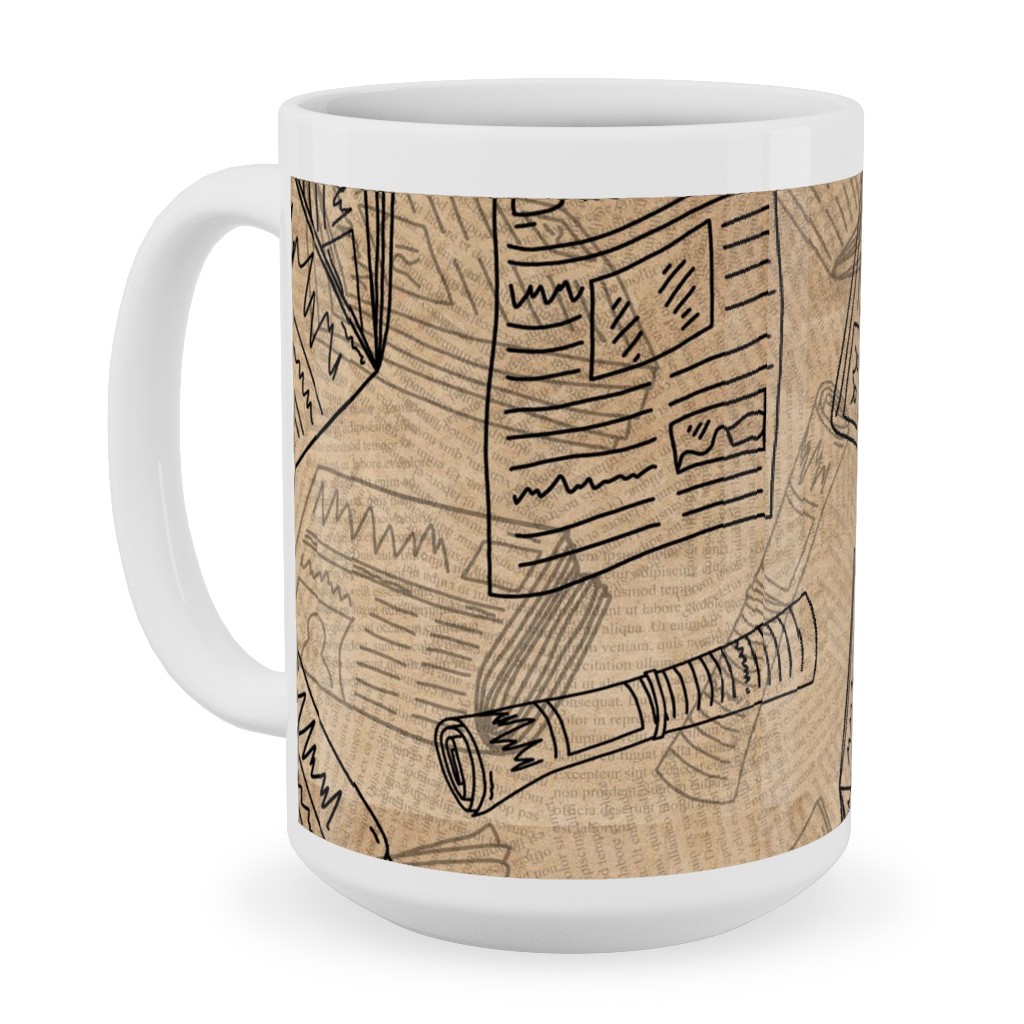 Newsprint Ceramic Mug, White, , 15oz, Brown, Morning Latte