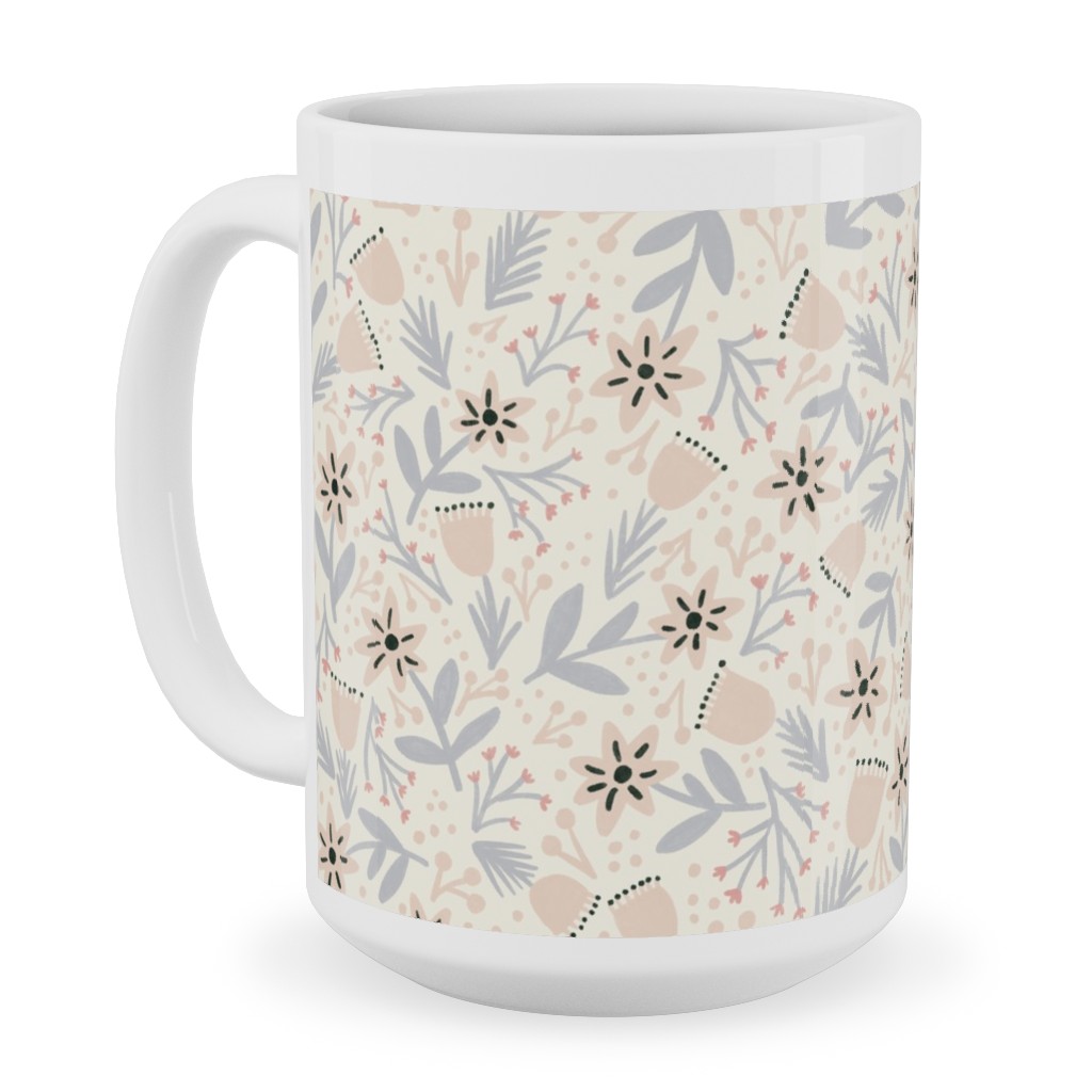 Vintage Flowers - Pastel Pink Ceramic Mug, White, , 15oz, Beige, Pearl