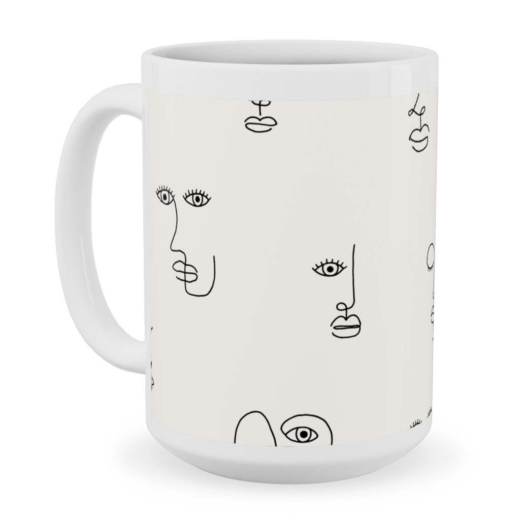 Minimalist Feminist Faces - Line Drawing Ceramic Mug, White, , 15oz, Beige, Pearl