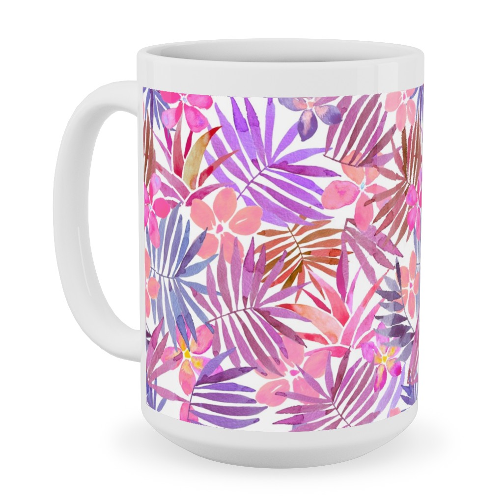 Watercolor Tropical Vibes - Pink Ceramic Mug, White, , 15oz, Pink, Bright Pink