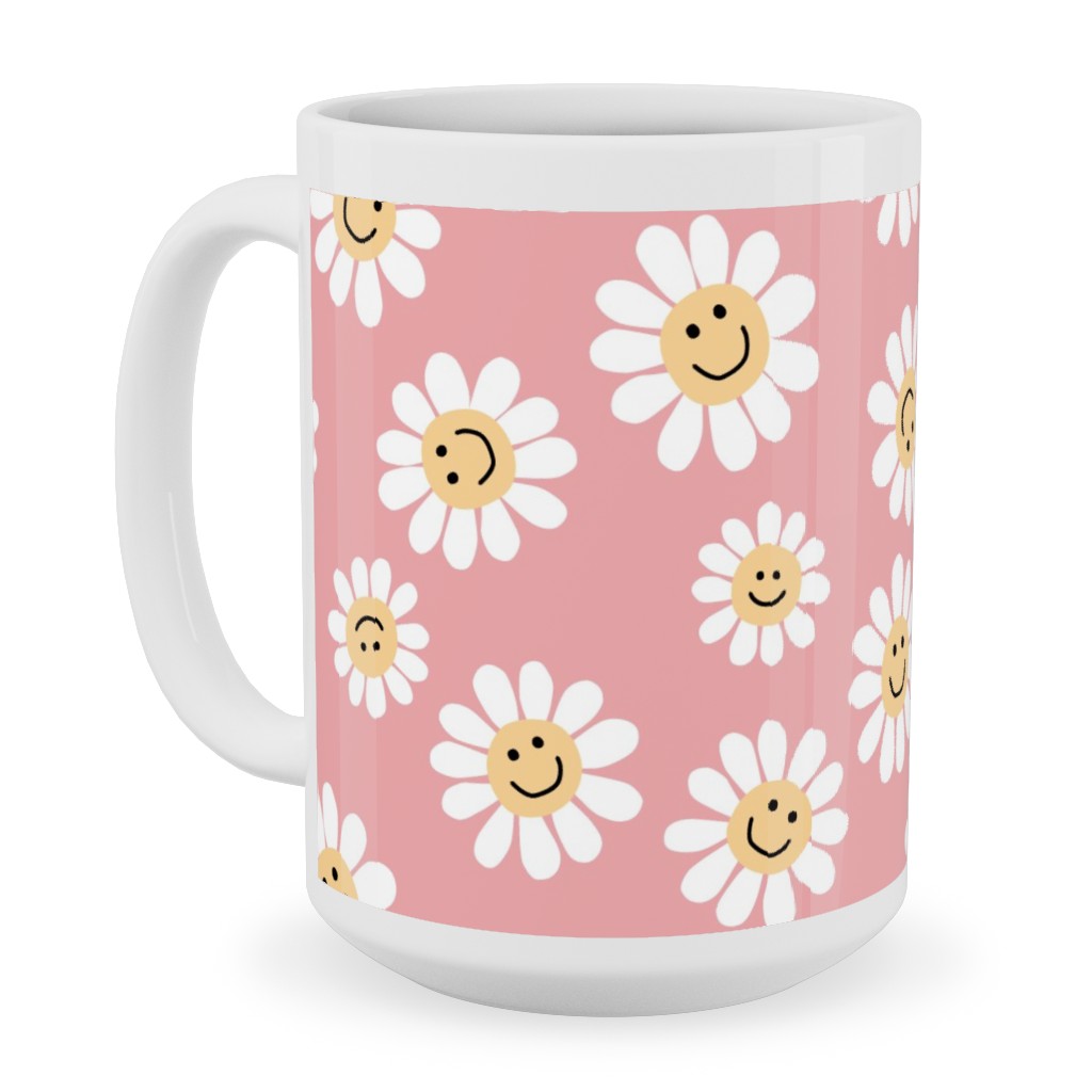 Smiley Daisy Flowers - Pink Ceramic Mug, White, , 15oz, Pink, Bright Pink