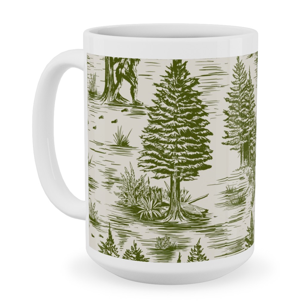 Bigfoot Sasquatch Toile De Jouy Ceramic Mug, White, , 15oz, Green, Ivy