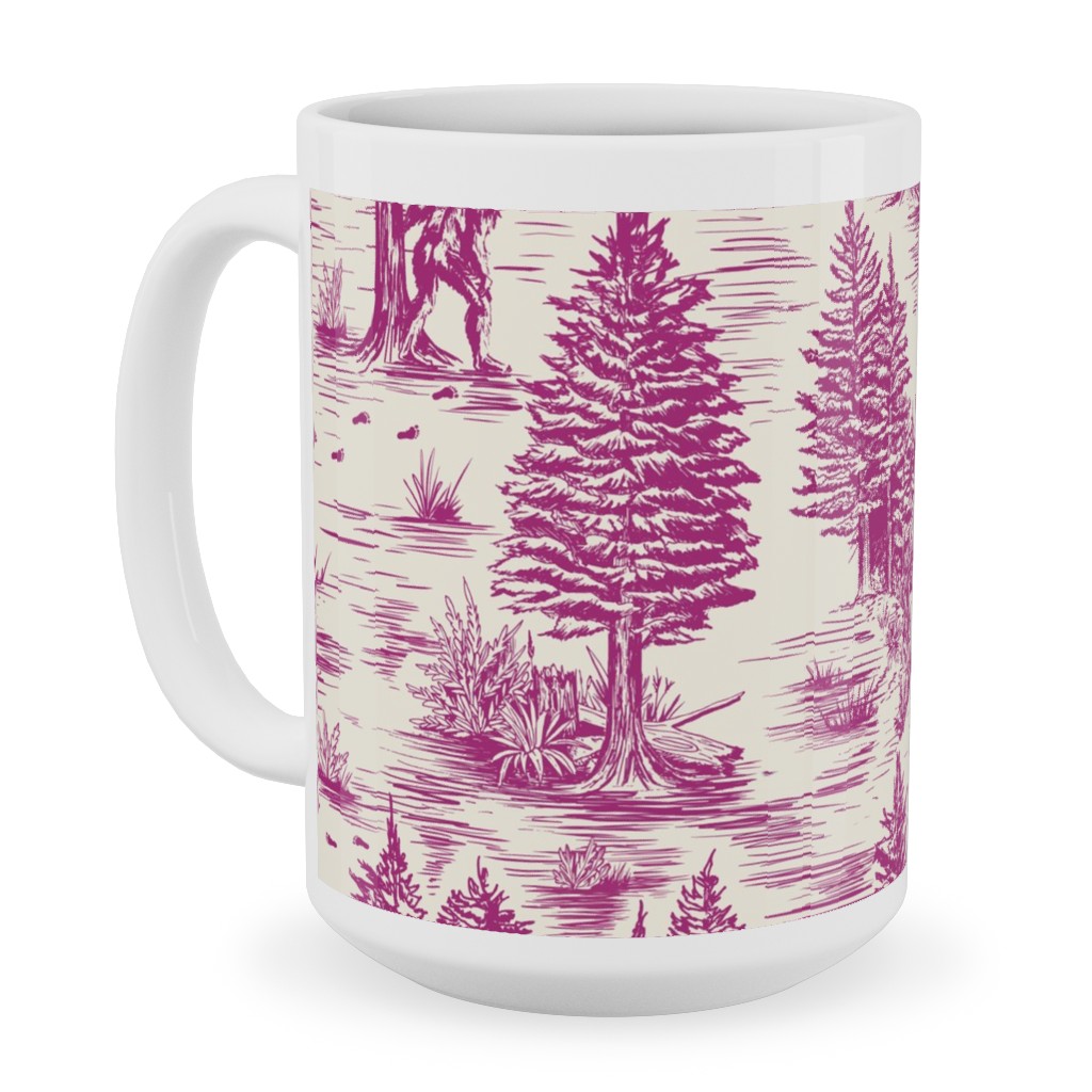 Bigfoot Sasquatch Toile De Jouy Ceramic Mug, White, , 15oz, Pink, Summer Plum