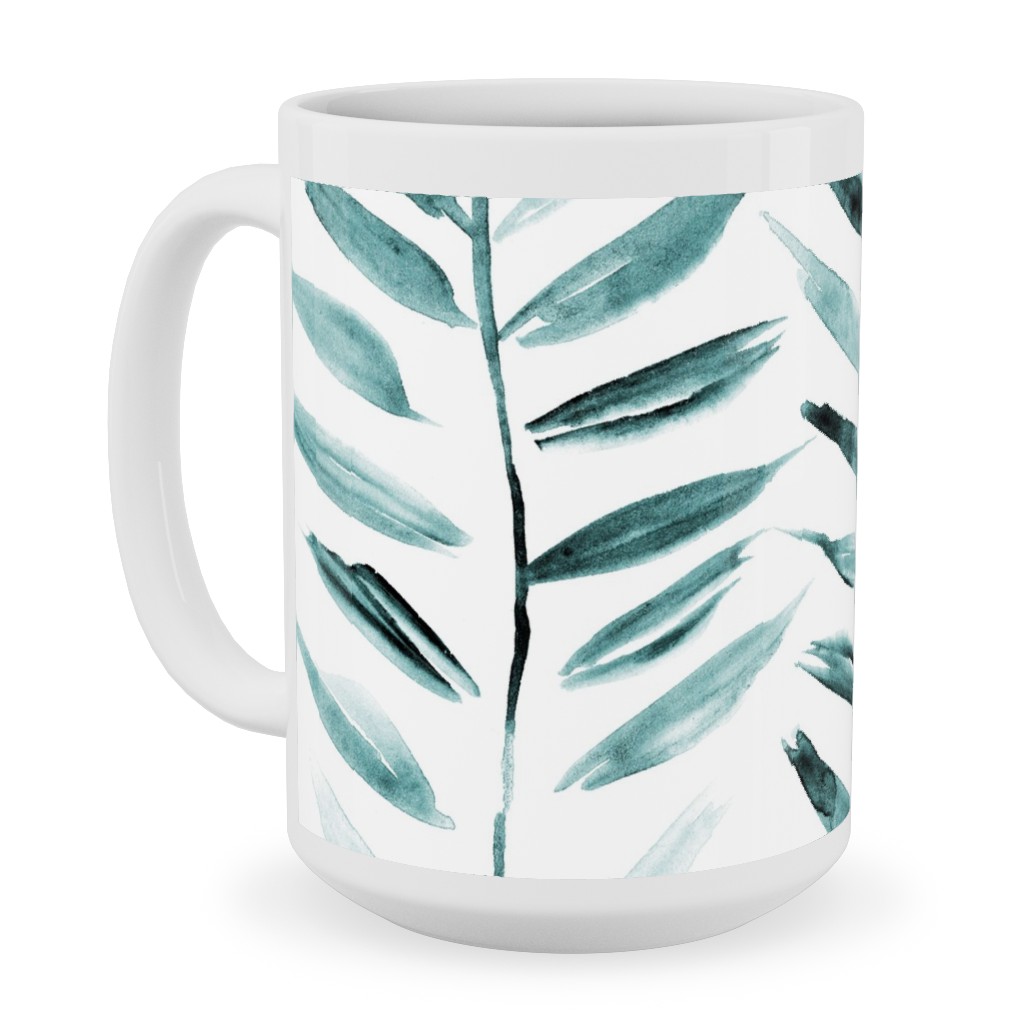 Leaves Herringbone - Watercolor Nature - Emerald Ceramic Mug, White, , 15oz, Green, Classic Green