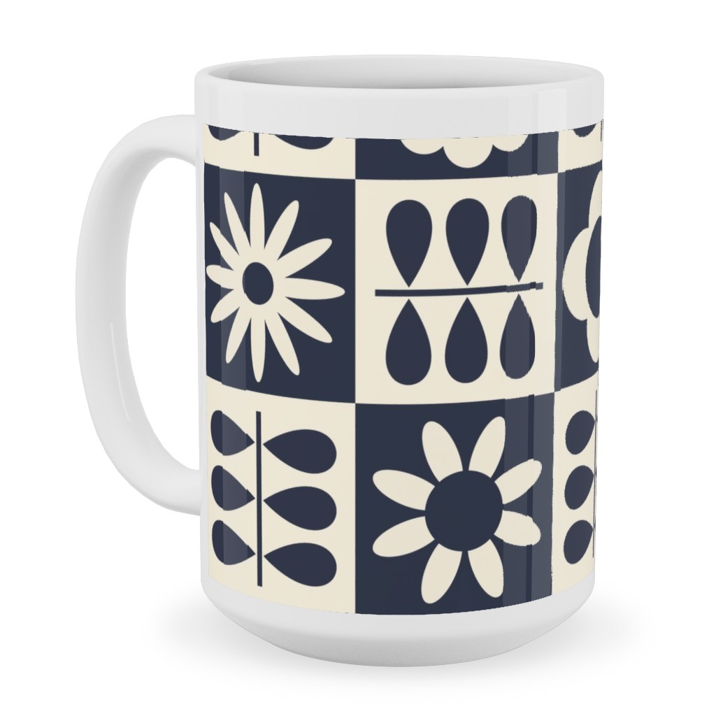 Scandinavian Checker Blooms - Off White and Navy Ceramic Mug, White,  , 15oz, Black
