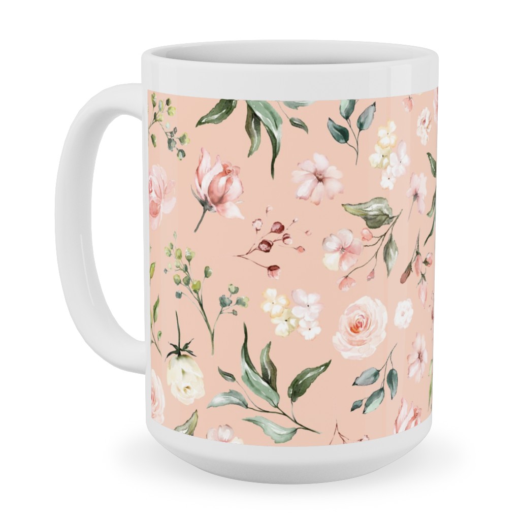Celestial Rose Floral - Blush Ceramic Mug, White, , 15oz, Pink, Bright Pink