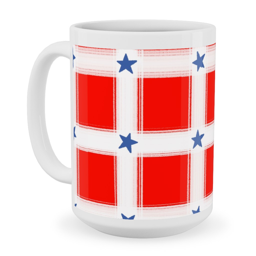 Star Plaid Ceramic Mug, White,  , 15oz, Red