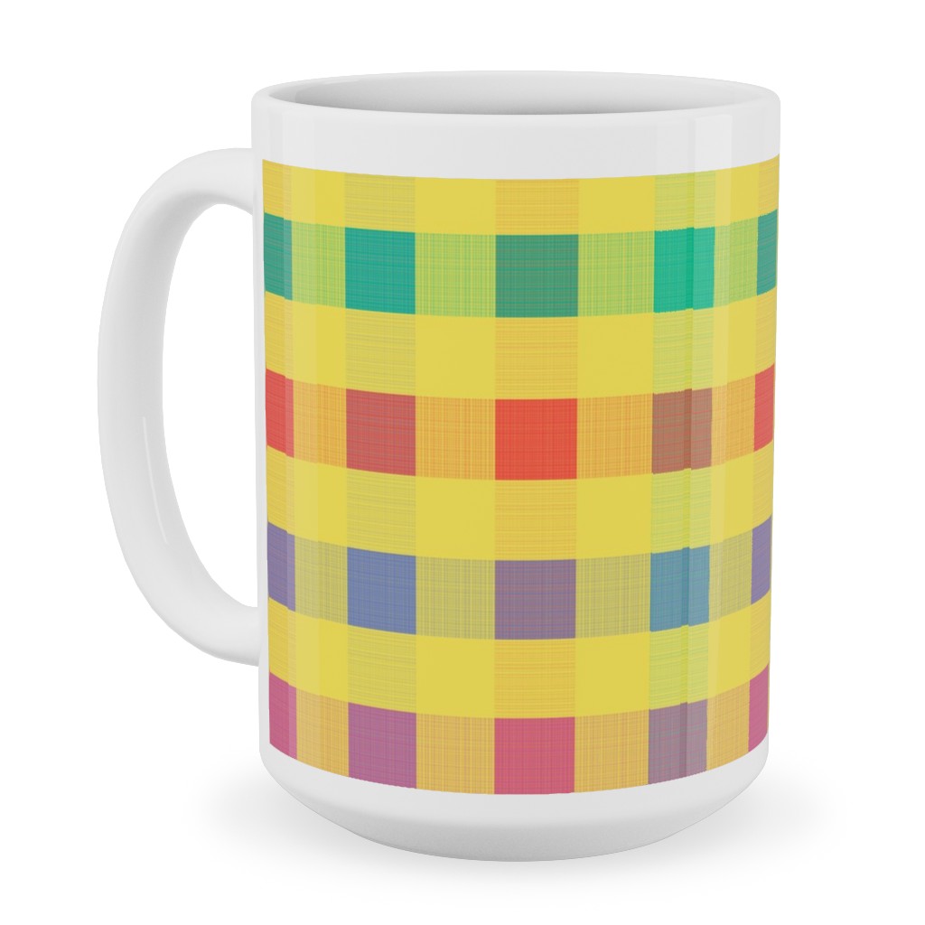 Picnic Plaid Ceramic Mug, White, , 15oz, Multicolor, Bright Delight