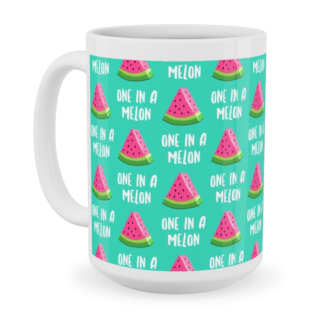 One in a Melon - Watermelon - Pink on Teal Ceramic Mug, White, , 15oz, Green, Classic Green